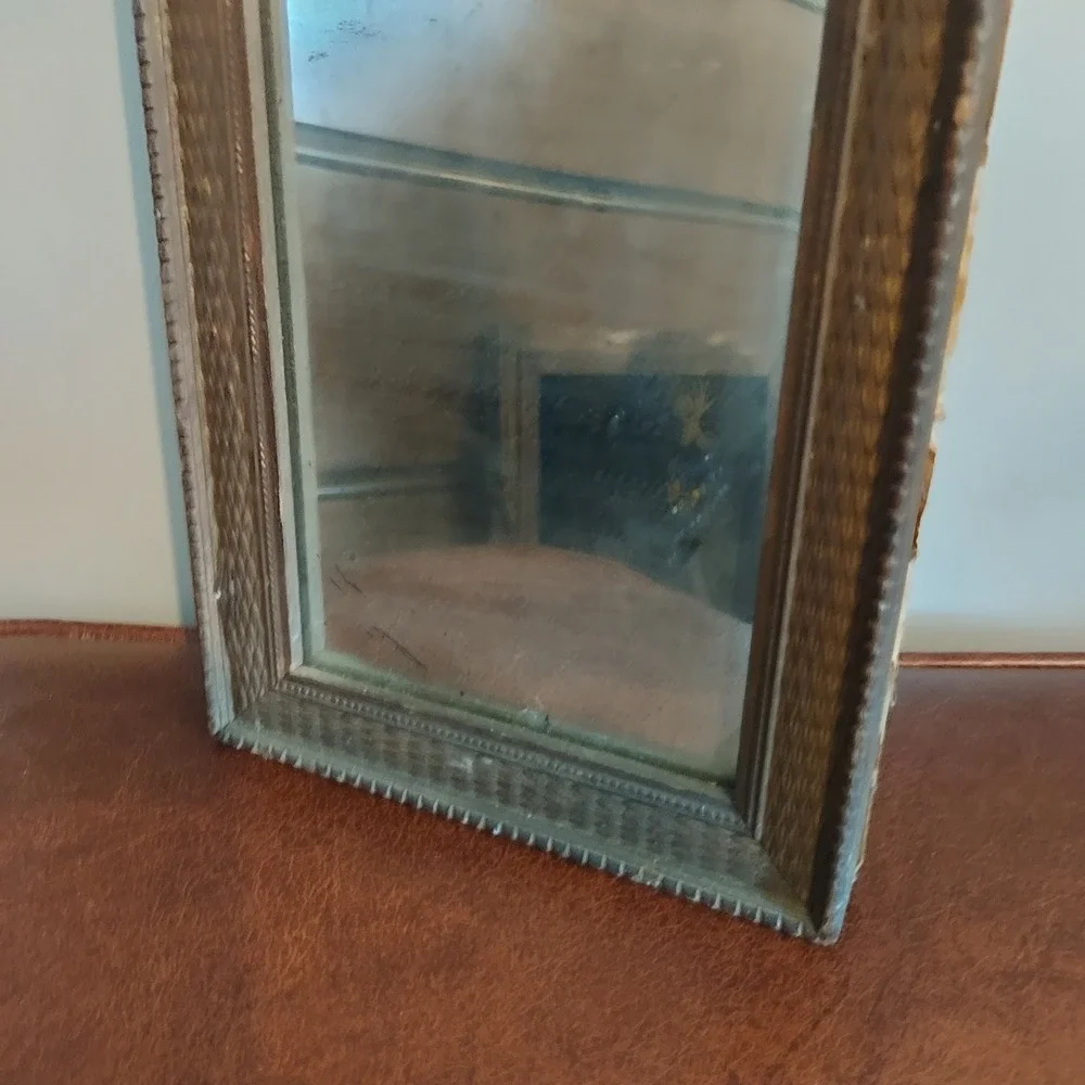 Antique Trumeau Wall Mirror Carved Wood Frame Romantic Scene Print 27x6.5in